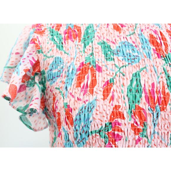 J Marie Pink Confetti Floral Smocked A Line Tiered Dress Size L Ruffle Fit Flare - Picture 5 of 8